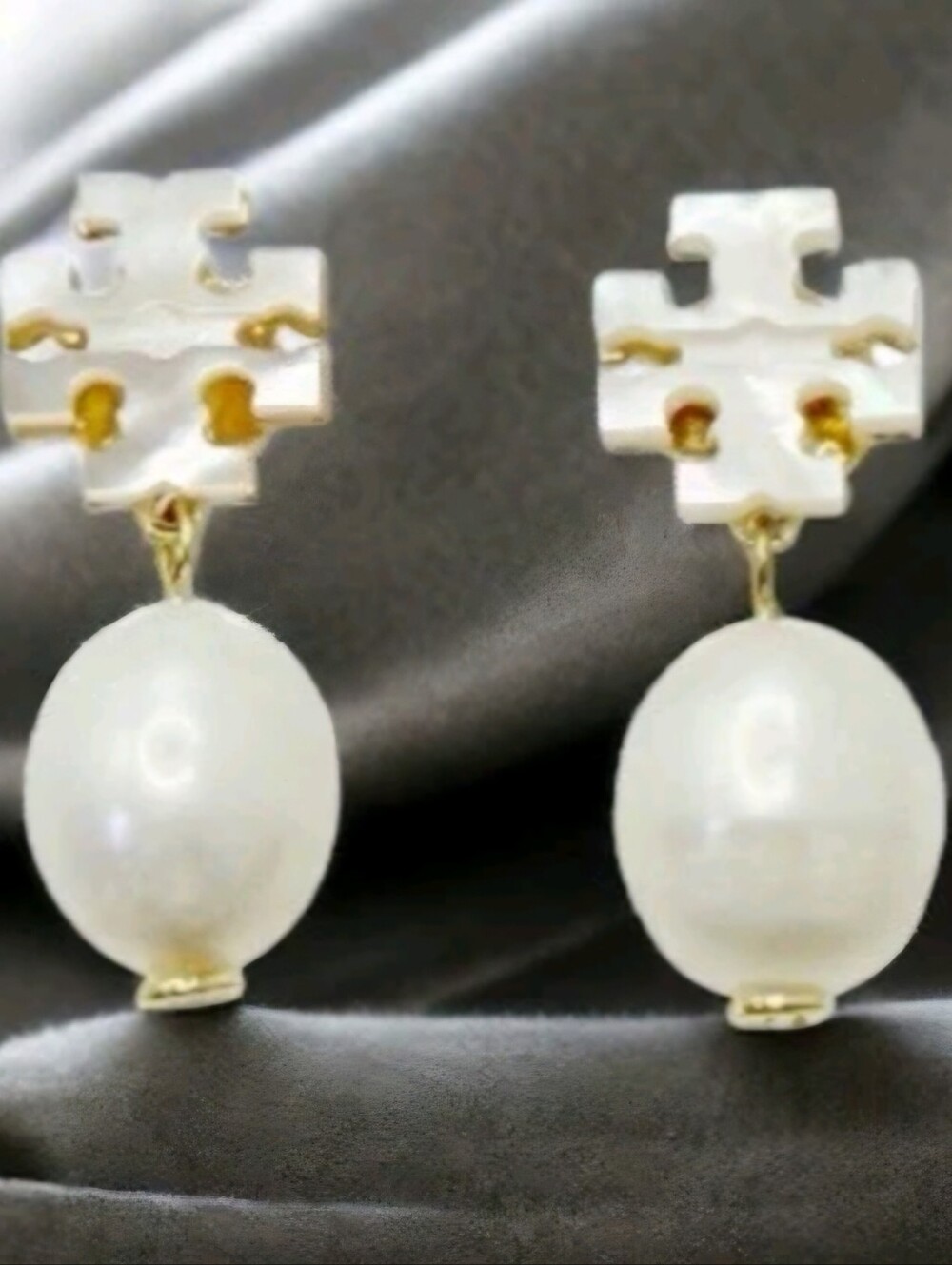 Tory Burch White Pearl Drop Earrings with Gold Accents